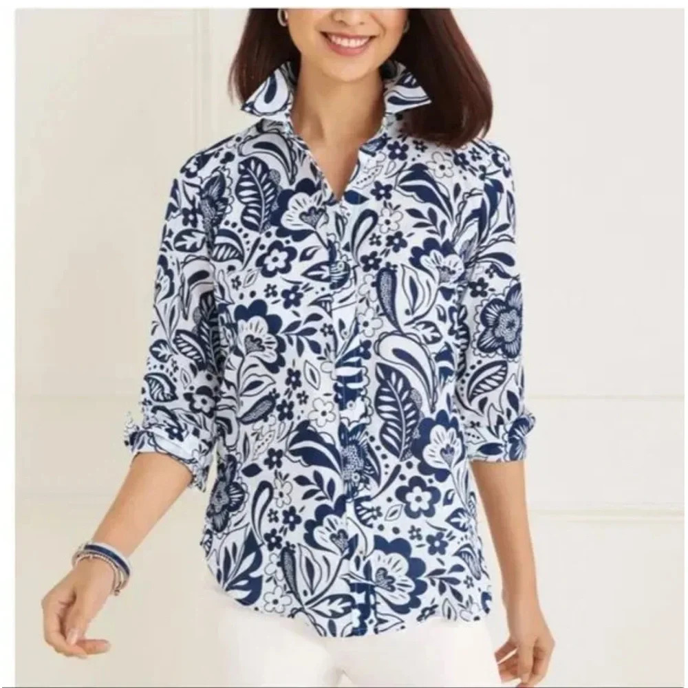 Talbots Navy and White Floral Button-Down Shirt